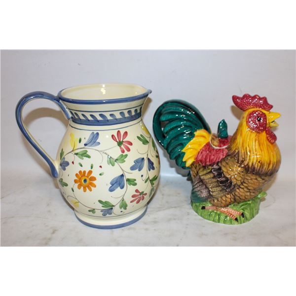 CERAMIC DECORATIVE ROOSTER WITH PITCHER