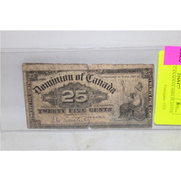 ANTIQUE CANADIAN SHIN PLASTER 25 C NOTE