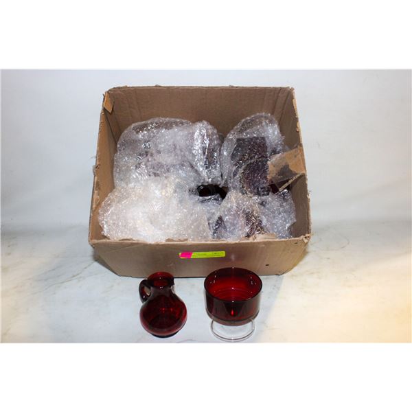 GLASSWARE - BOX OF MID-CENTURY RUBY RED CORDIAL