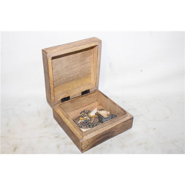 WOOD SKULL BOX WITH MENS JEWELRY-ESTATE