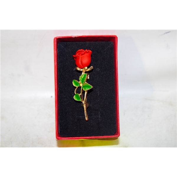 NEW RED ROSE BROOCH 2.2” GOLD TONE,