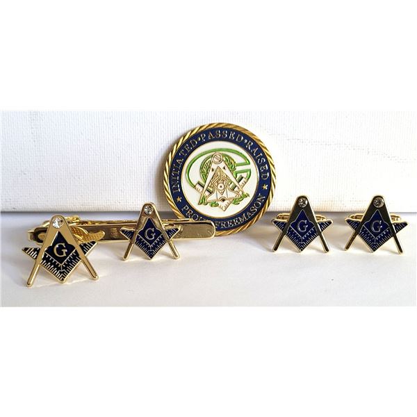 13)  FREE MASONS TOKEN, CUFFLINKS, LAPEL