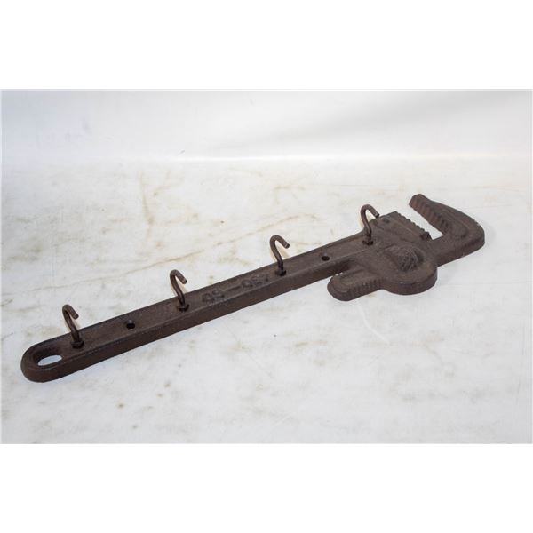 RUSTIC CAST IRON PIPE WRENCH, WALL MOUNT
