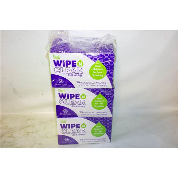 NEW FLENTS WIPE CLEAR LENS WIPES, 3 X 75 PACKS