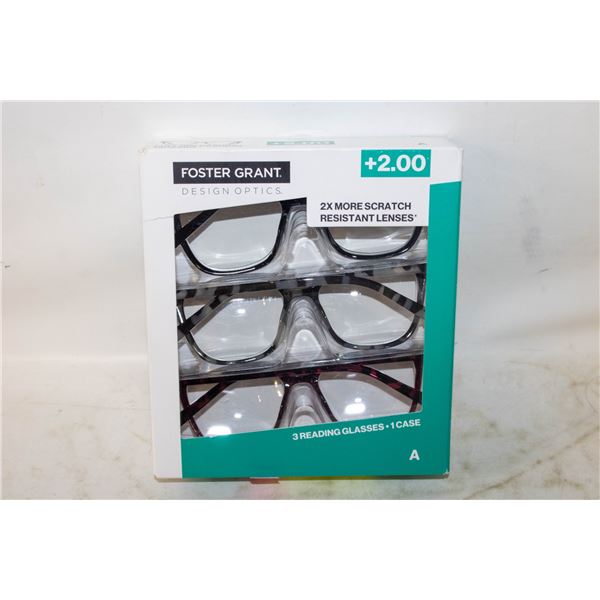 FOSTER GRANT 3 READING GLASSES, 1 CASE, +2.00