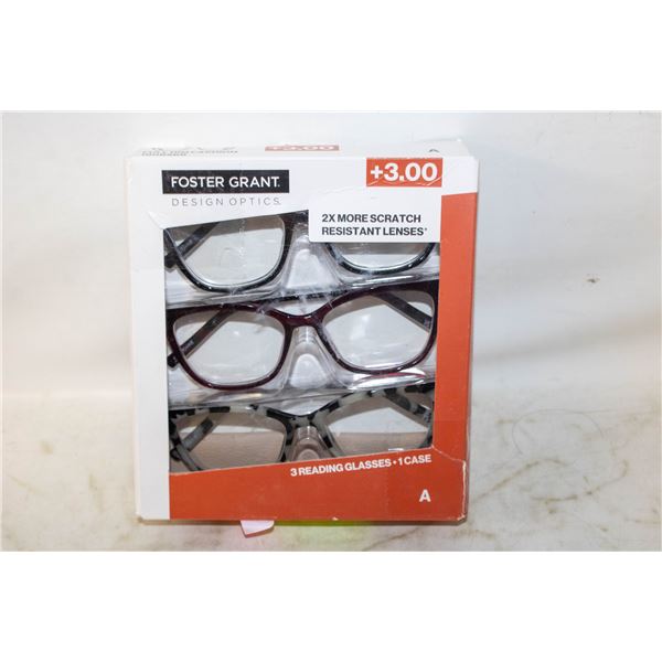 FOSTER GRANT 3 READING GLASSES, 1 CASE, +3.00