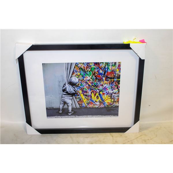 FRAMED BANKSY PHOTO 'LITTLE BOY PULLS CURTAIN'