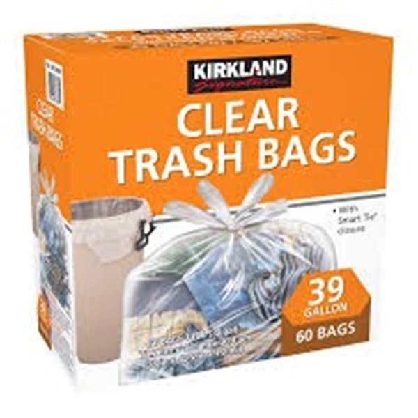 60 BAGS 39 GALLONS KIRKLAND CLEAR TRASH BAGS