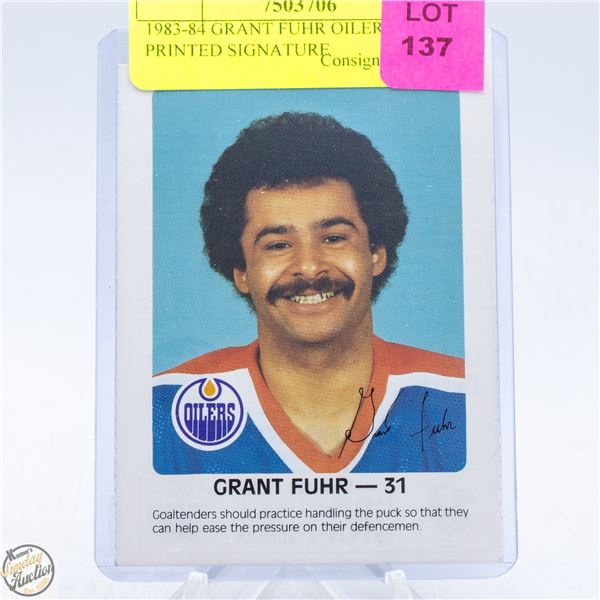 1983-84 GRANT FUHR OILERS GOALIE PRINTED SIGNATURE