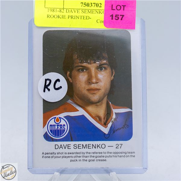 1981-82 DAVE SEMENKO OILERS ROOKIE PRINTED-