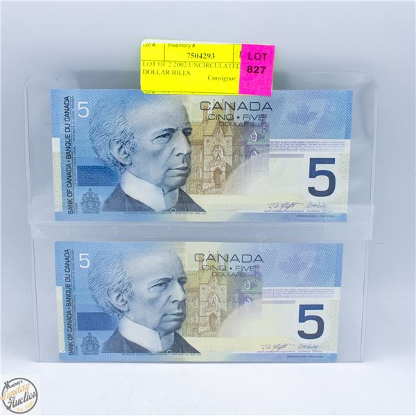 LOT OF 2 2002 UNCIRCULATED 5 DOLLAR BILLS
