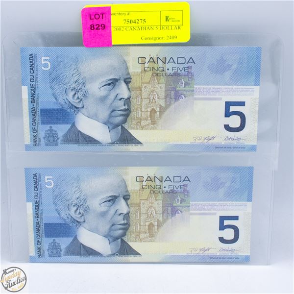 LOT OF 2 2002 CANADIAN 5 DOLLAR BILLS