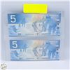 Image 2 : LOT OF 2 2002 CANADIAN 5 DOLLAR BILLS