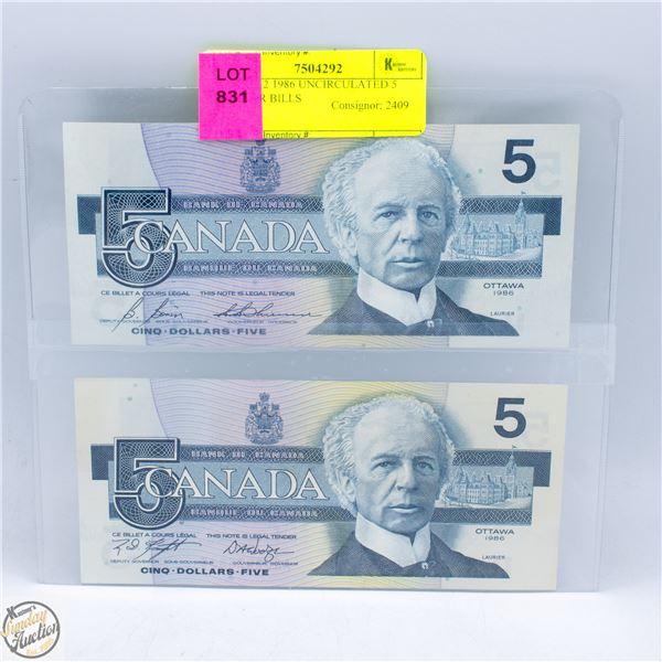 LOT OF 2 1986 UNCIRCULATED 5 DOLLAR BILLS