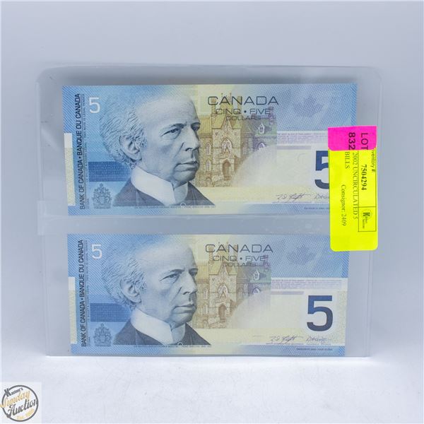 LOT OF 2 2002 UNCIRCULATED 5 DOLLAR BILLS