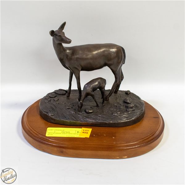 METAL DEER AND FAWN ON WOOD BASE
