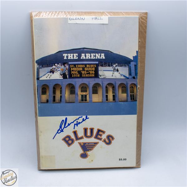 GLENN HALL SIGNED 85 BLUES MEDIA GUIDE NO COA