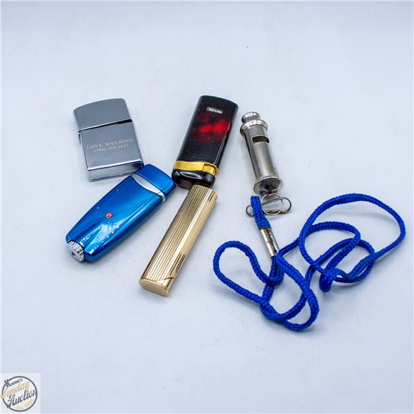 LOT OF BUTANE LIGHTERS & A VINTAGE WHISTLE