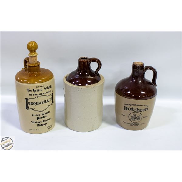 FLAT OF 3 VINTAGE PORCELAIN WHISKEY JUGS 8" HIGH
