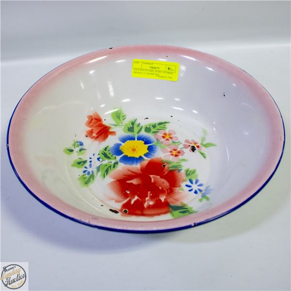 VINTAGE ENAMEL BOWL FLOWER DESIGN 12" DIAMETER
