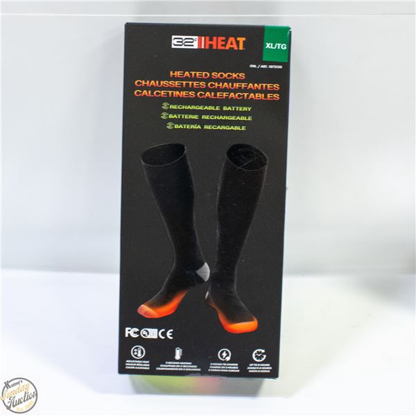 NEW 32 HEAT HEATED SOCKS, SIZE XL, W/ RECHARGEABLE