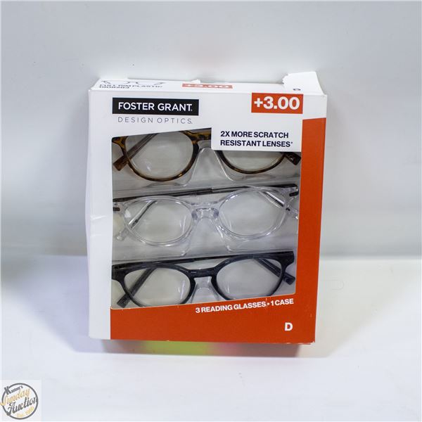 FOSTER GRANT 3 READING GLASSES, 1 CASE, +3.00 LDS