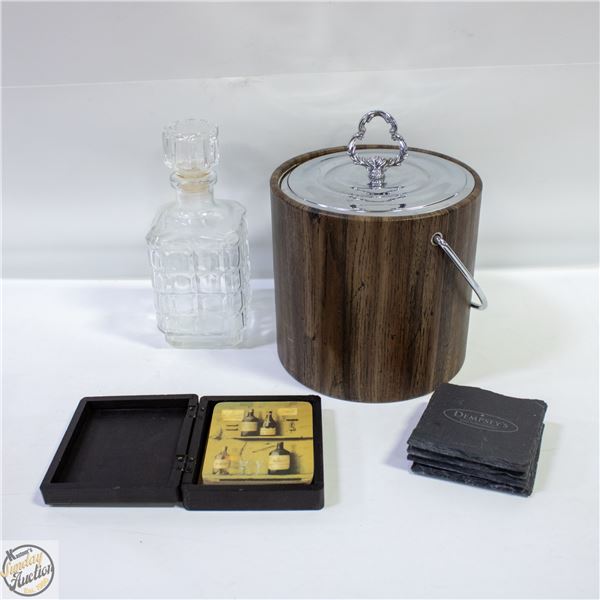 LOT OF MID CENTURY MODERN ICE BUCKET, DECANTER