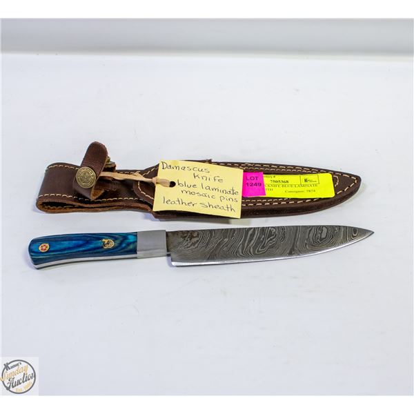 DAMASCUS KNIFE BLUE LAMINATE HANDLE WITH