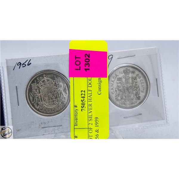 LOT OF 2 SILVER HALF DOLLARS 1956 & 1959