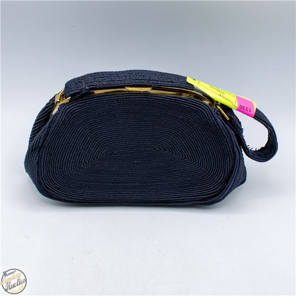 VINTAGE NAVY BLUE CORDED CLUTCH PURSE WITH MONEY