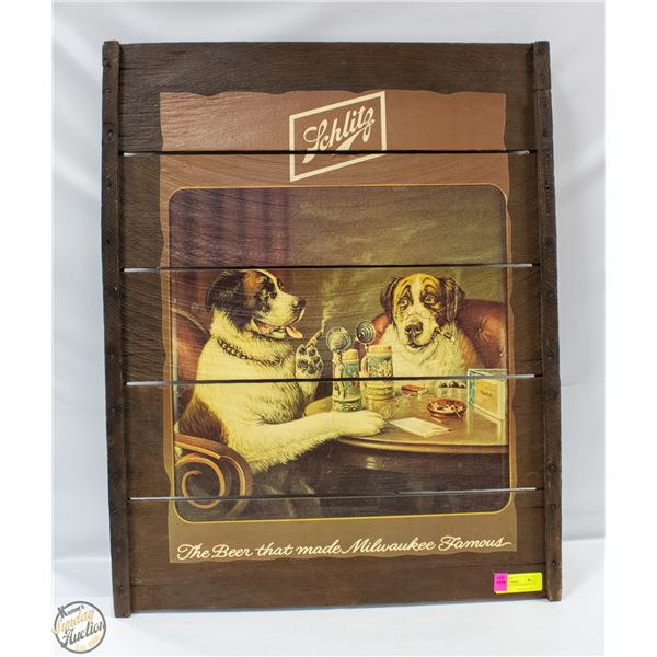 VINTAGE SCHLITZ WOOD SIGN 24" X 30"