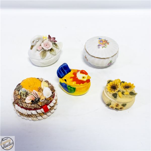 5 LIDDED TRINKET DISHES INCLUDING BONE CHINA