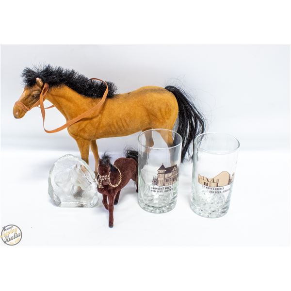 (5PCS) VINTAGE ESTATE HORSES + GLASS ETCHED