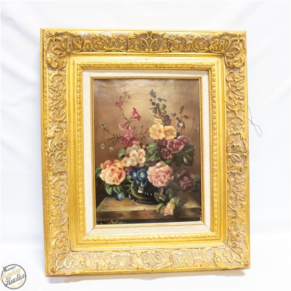 VINTAGE SIGNED FLORAL PRINT IN GOLD GILTED ORNATE
