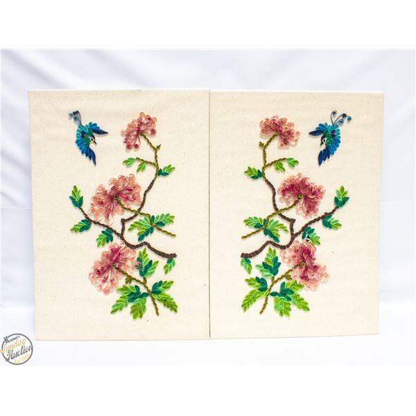 2 VINTAGE QUILLING ARTWORK PEACOCK WITH BLOSSOMS