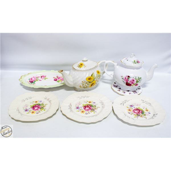 LOT OF ENGLISH BONE CHINA TEAPOTS WITH EXTRAS