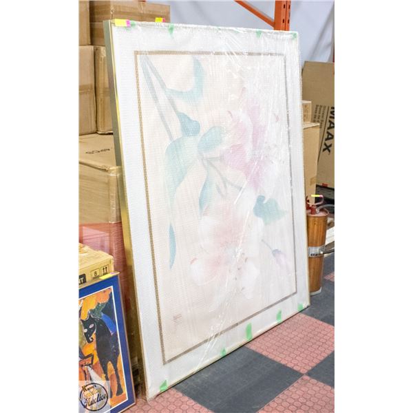 48" X 60" FRAMED FLORAL TEXTURED ART