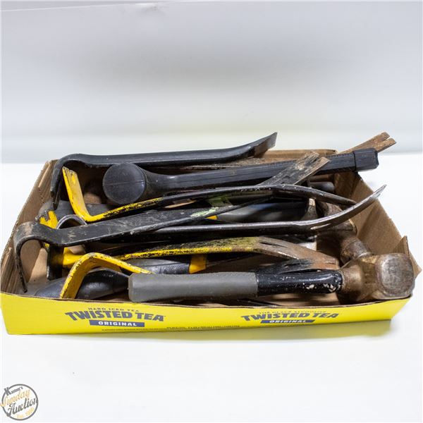 LOT OF PRY BARS HAMMERS AND MORE