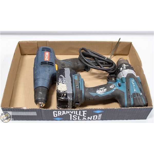 MAKITA DRILL + BATTERY NO CHARGER + RYOBI CORDED