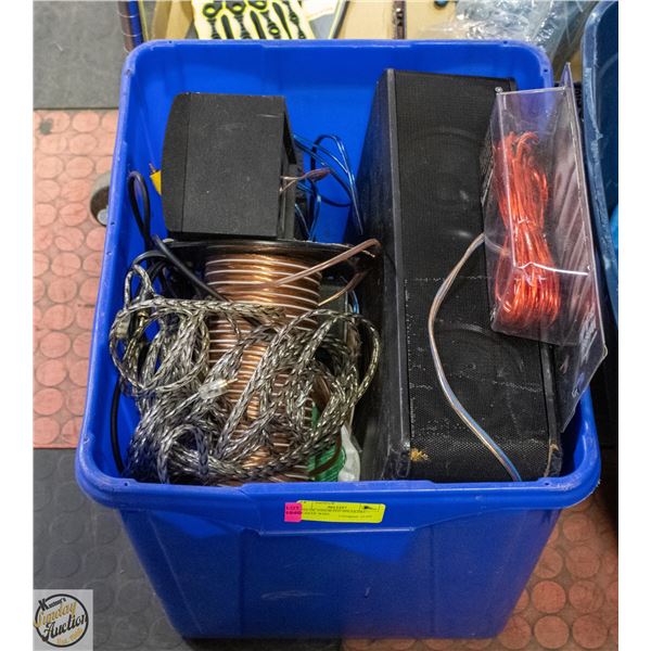 TOTE OF ASSORTED SPEAKERS + SPEAKER WIRE