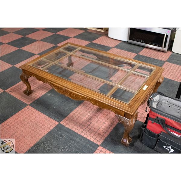 VINTAGE WOOD CARVED COFFEE TABLE WITH GLASS TOP