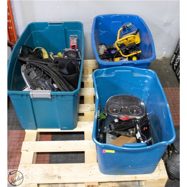 PALLET OF ASSORTED CAR PARTS, TOOLS, STRAPS & MORE