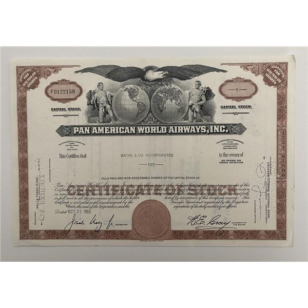 Pan American World Airways, INC Five Shares Certificate of Stock