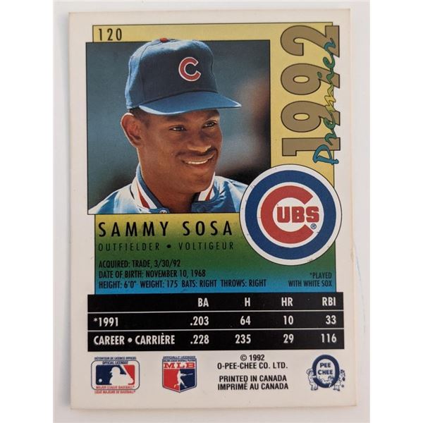 Sammy Sosa Cubs Premier '92 O-Pee-Chee Baseball Card