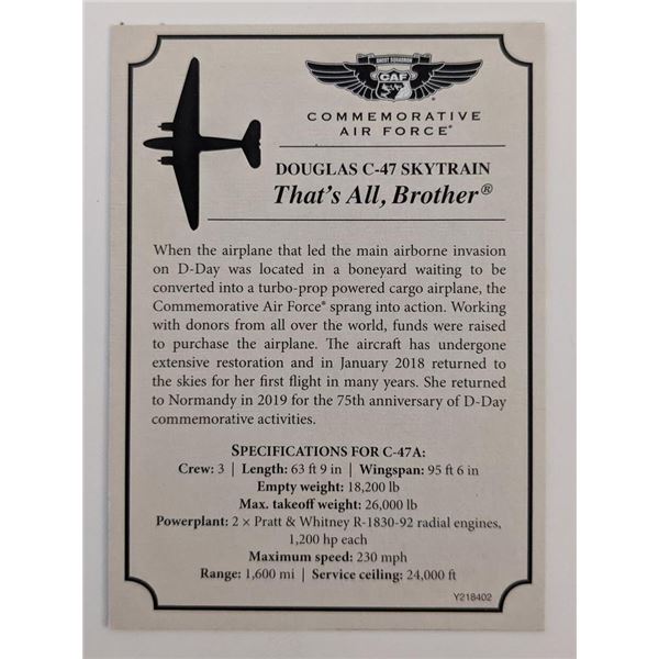 Douglas C-47 Skytrain That's All, Brother Commemorative Air Force Card