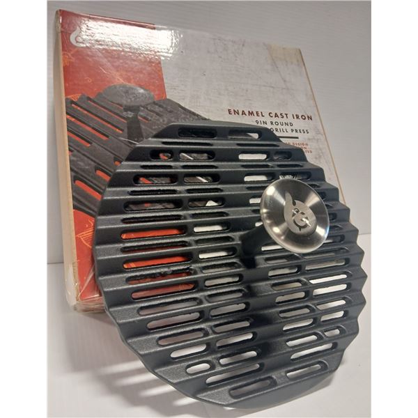 NEW 9" VENTED ROUND ENAMEL CAST IRON GRILL PRESS