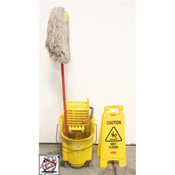 RUBBERMAID WASH PAIL WRINGER W/ MOP AND WET FLOOR