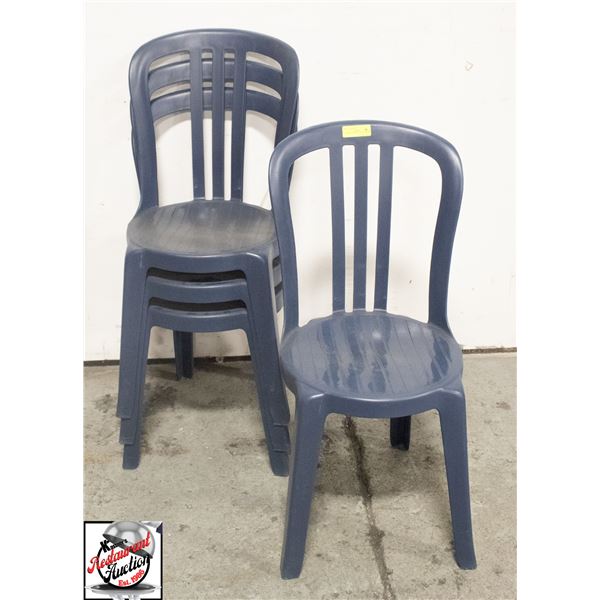 4 NEW BLUE PLASTIC PATIO CHAIRS