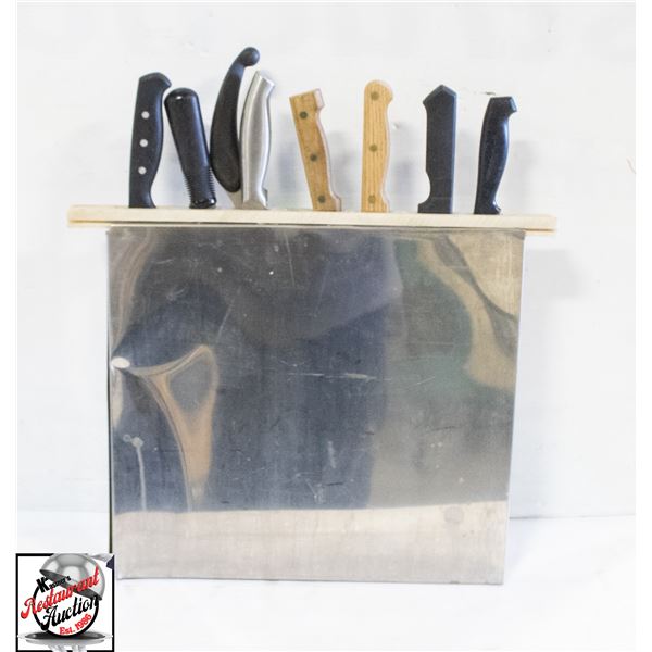 KNIFE RACK TABLE MOUNT WITH 7 ASSORTED KNIVES
