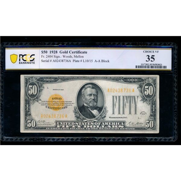 1928 $50 Gold Certificate PCGS 35